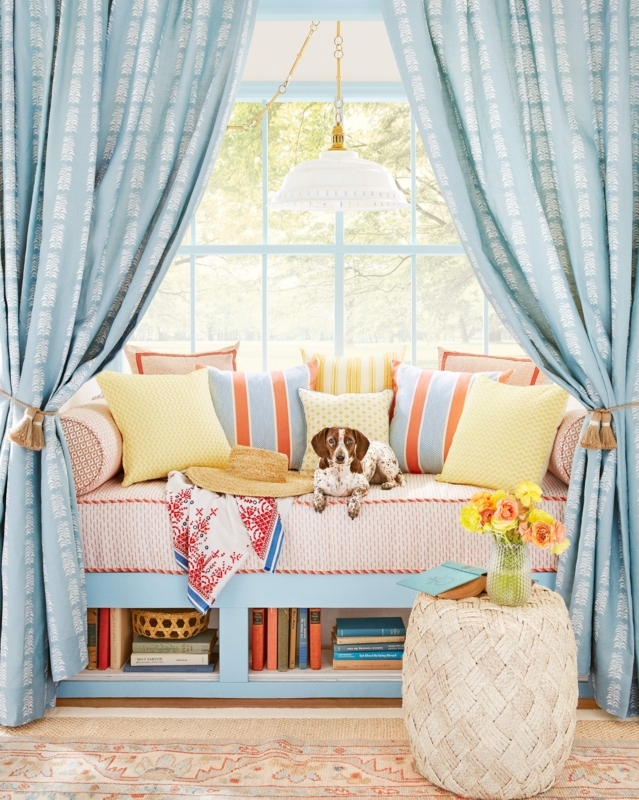 Window Seat Built-in Bench Storage Patterned Curtains Cottage Style