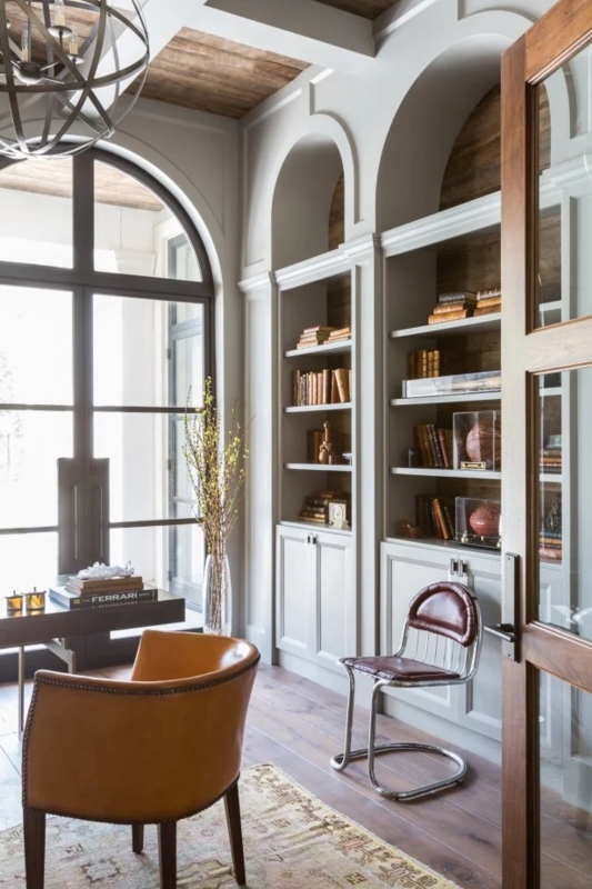 Window Seat Built-In Shelving Navy Blue Cabinetry Window Alcove