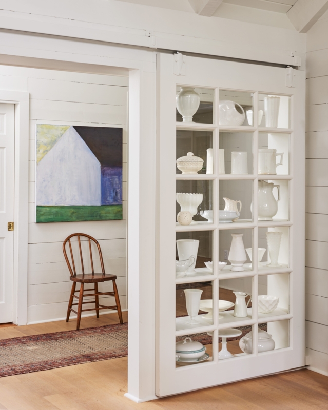 Window Seat Painted Blue Curtain Framed Nook with Built In Shelving