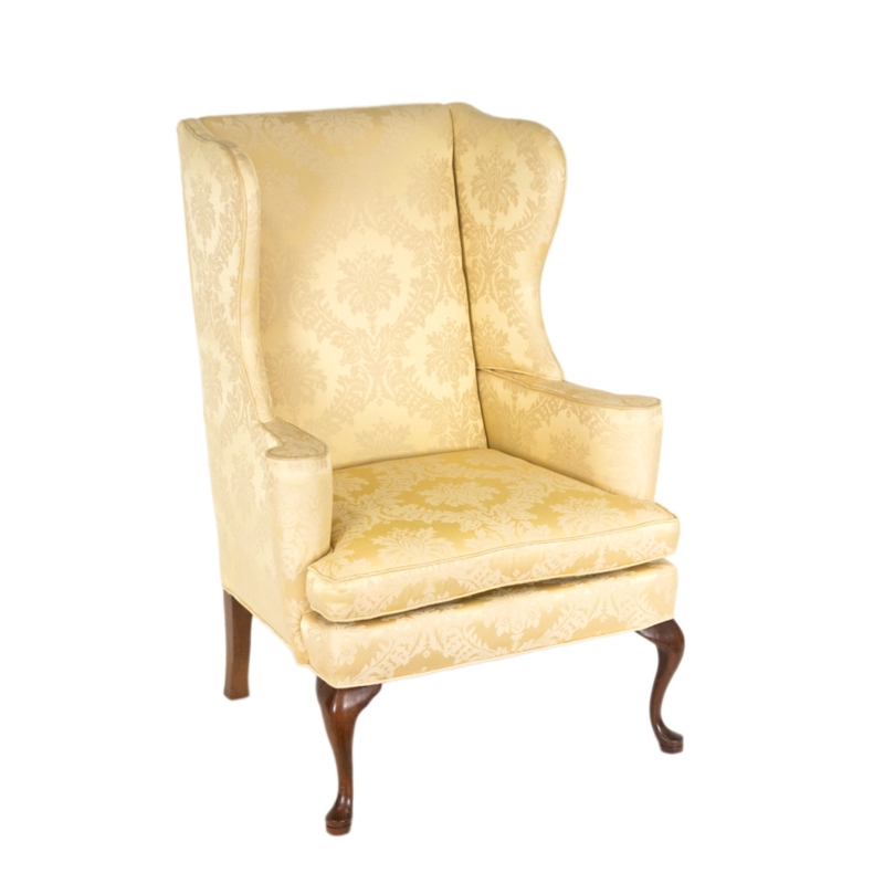 Wing Chair Yellow Damask Traditional Style with Rolled Arms
