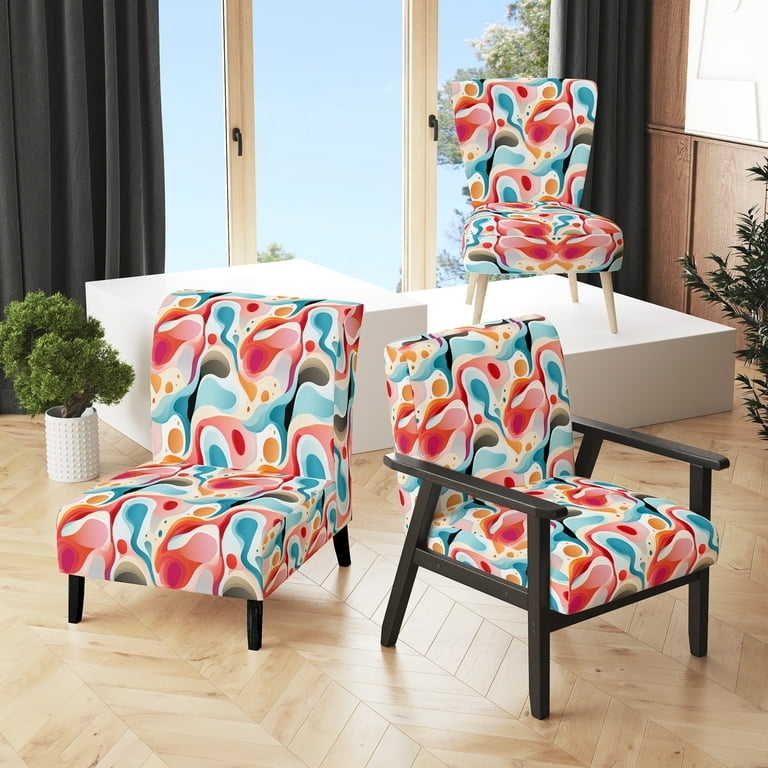 Wingback Accent Chair Abstract Wave Pattern Recessed Arms Contemporary