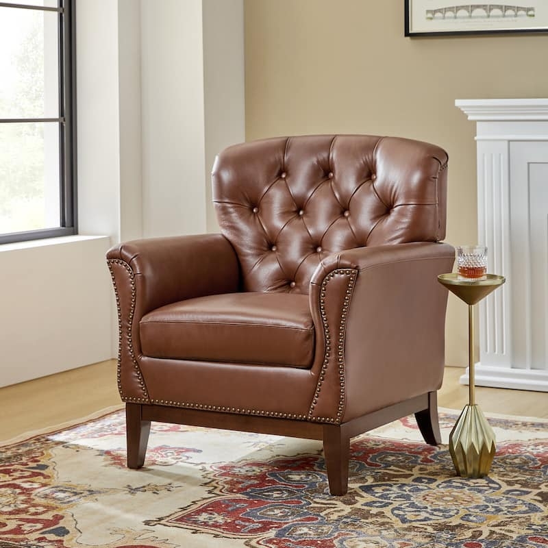 Wingback Accent Chair, Camel Leather-Like, Button Tufted, Nailhead Trim