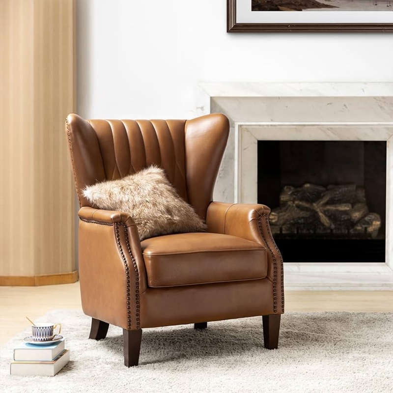Wingback Accent Chair, Camel Leather-Like, Button Tufted, Tapered Legs
