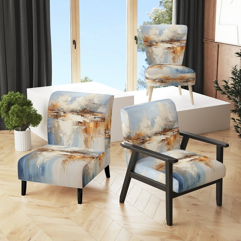 Wingback Accent Chair Coastal Ocean Landscape Print Mid-Century