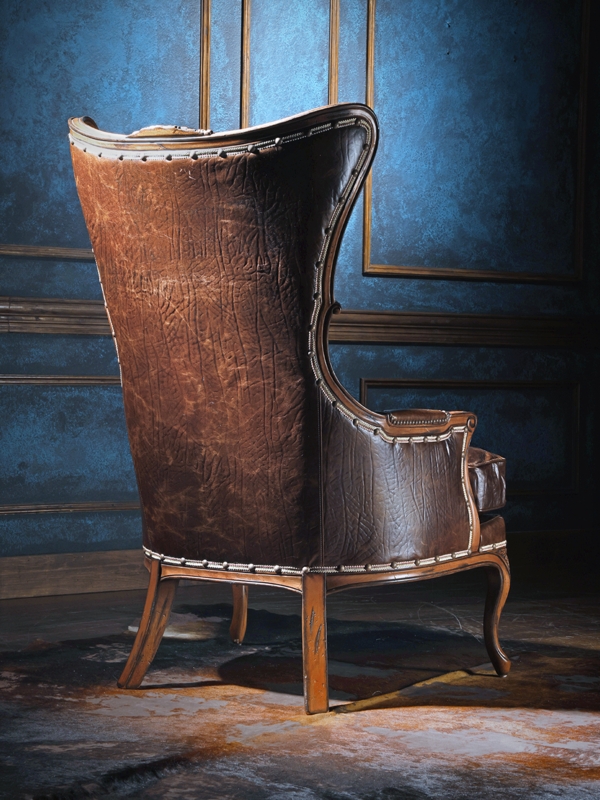 Wingback Accent Chair, Distressed Leather-Like, Hide Accents, Nailhead