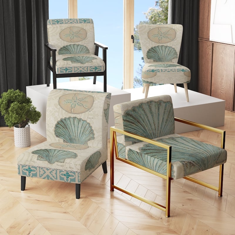 Wingback Accent Chair Flared Arms Nautical Seashell Pattern Coastal