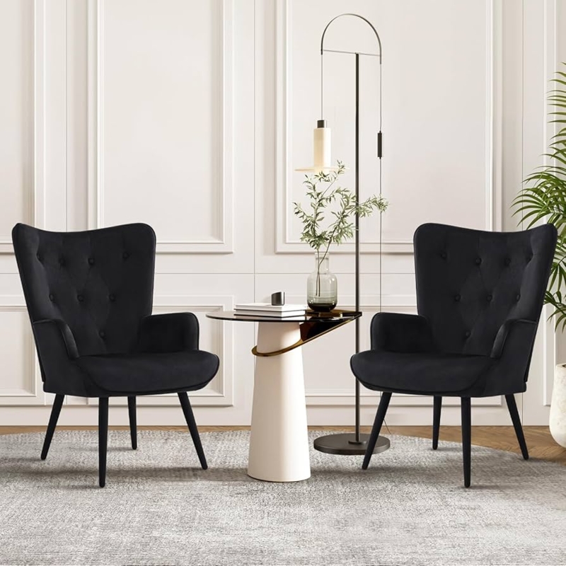 Wingback Accent Chair Set Gold Tapered Legs Channeled Velvet