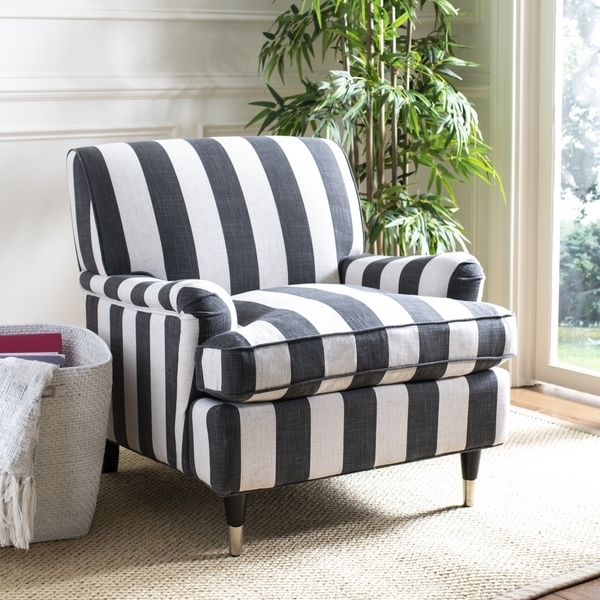 Wingback Armchair, Classic Blue Striped with Nailhead Trim Details