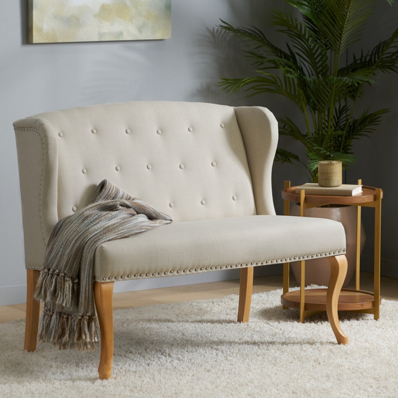 Wingback Bench Tufted Beige Fabric Cabriole Legs French Country Style