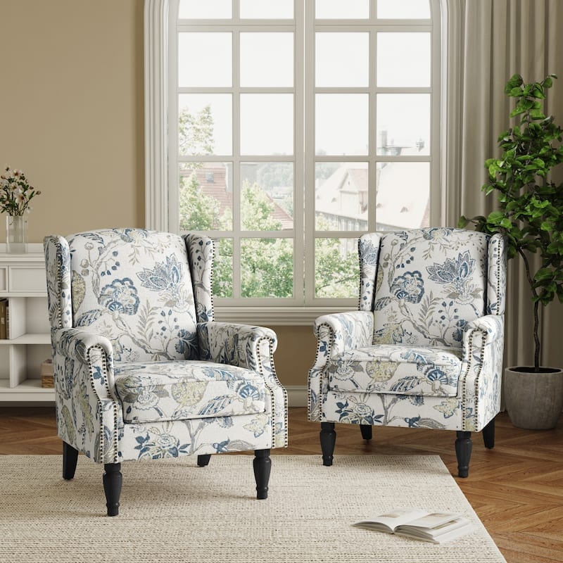 Wingback Chair Blue Botanical Print Nailhead Trim, Cozy Reading Nook