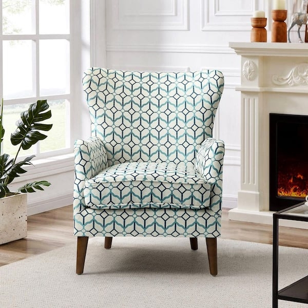 Wingback Chair Colorful Geometric Fabric English Roll Arms