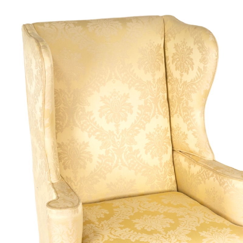 Wingback Chair Gold Silk Damask Traditional with Carved Knees