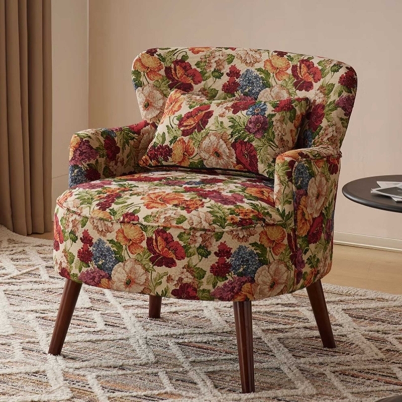 Wingback Chair Gray Ivory Large Scale Floral with Pillow