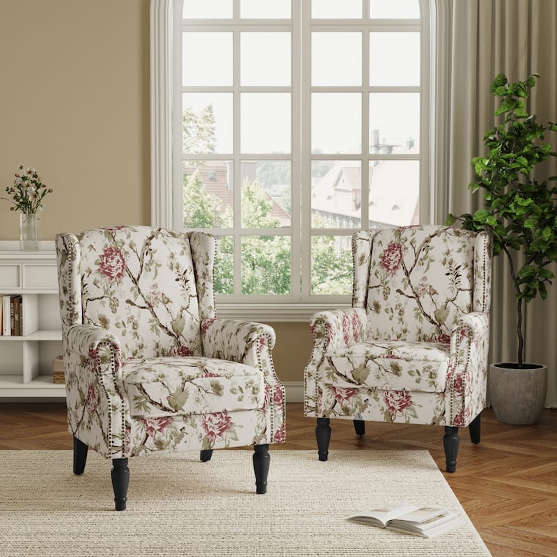 Wingback Chair Navy Botanical Print Cream Fabric, Transitional Seating