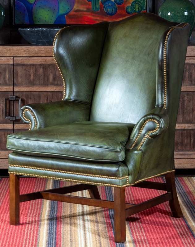 Wingback Chair Olive Leather Brass Nailheads Diamond Tufted Rustic