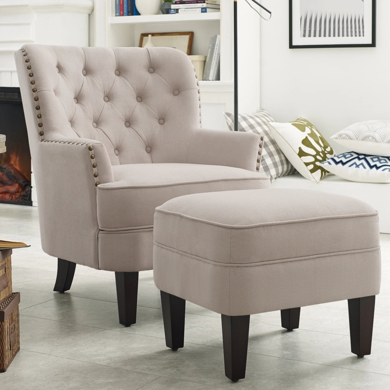 Wingback Chair Set Charcoal Gray Nailhead Trim Ottoman Contemporary