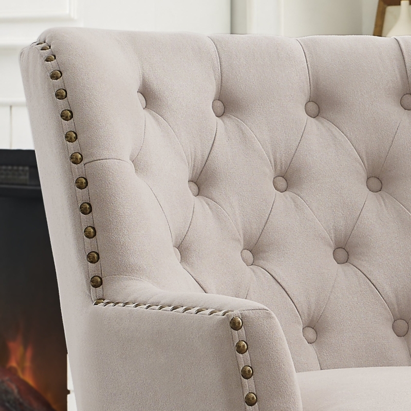Wingback Chair with Ottoman Beige Button Tufted Transitional Set