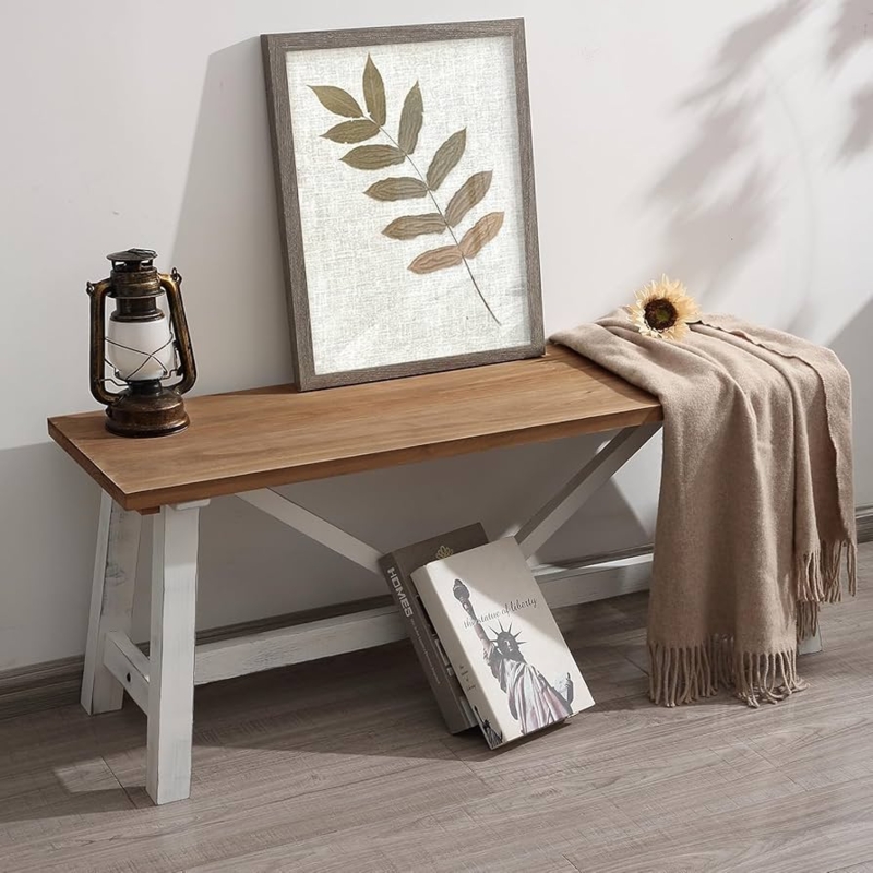 - Wnutrees 43" Farmhouse Wood Bench, Narrow Bench, Long Bench  Seat for Entryway, Living Room, Dining Room, Solid Wood, White - Table  Benches