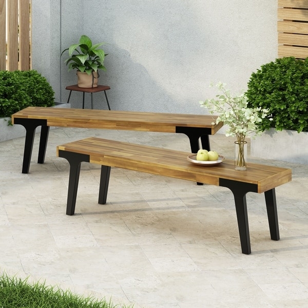 Wood and Metal Outdoor Bench Set with Slat Top & Angled Legs