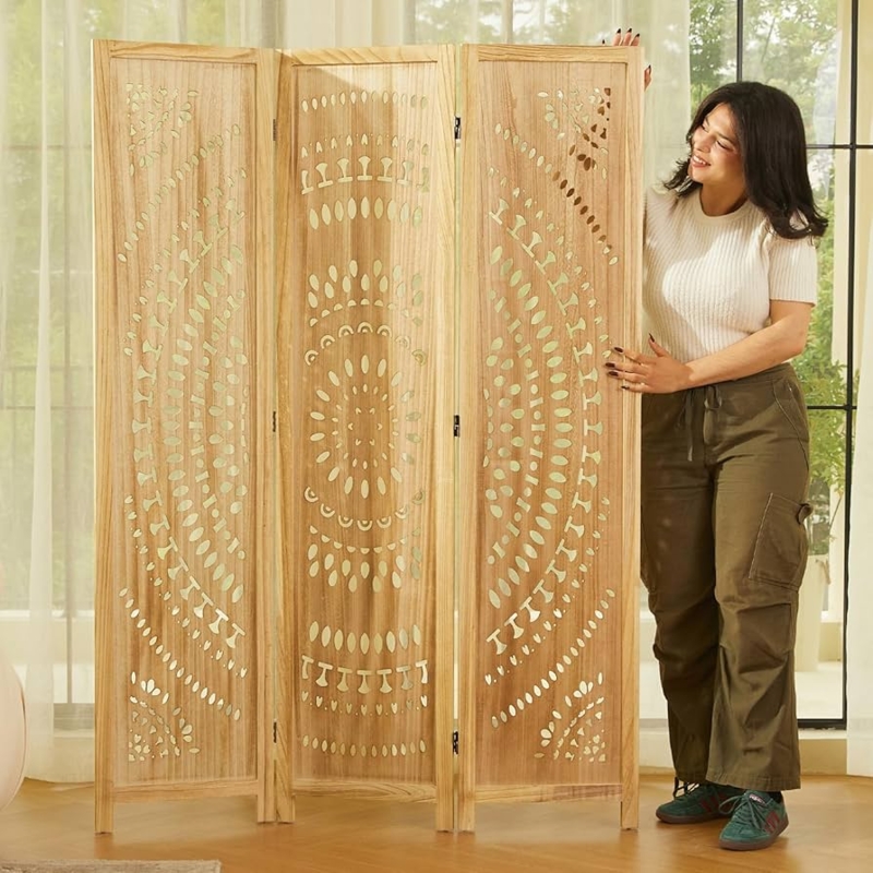 Wood Carved Partition Sunburst Mandala Design Three Panel Folding