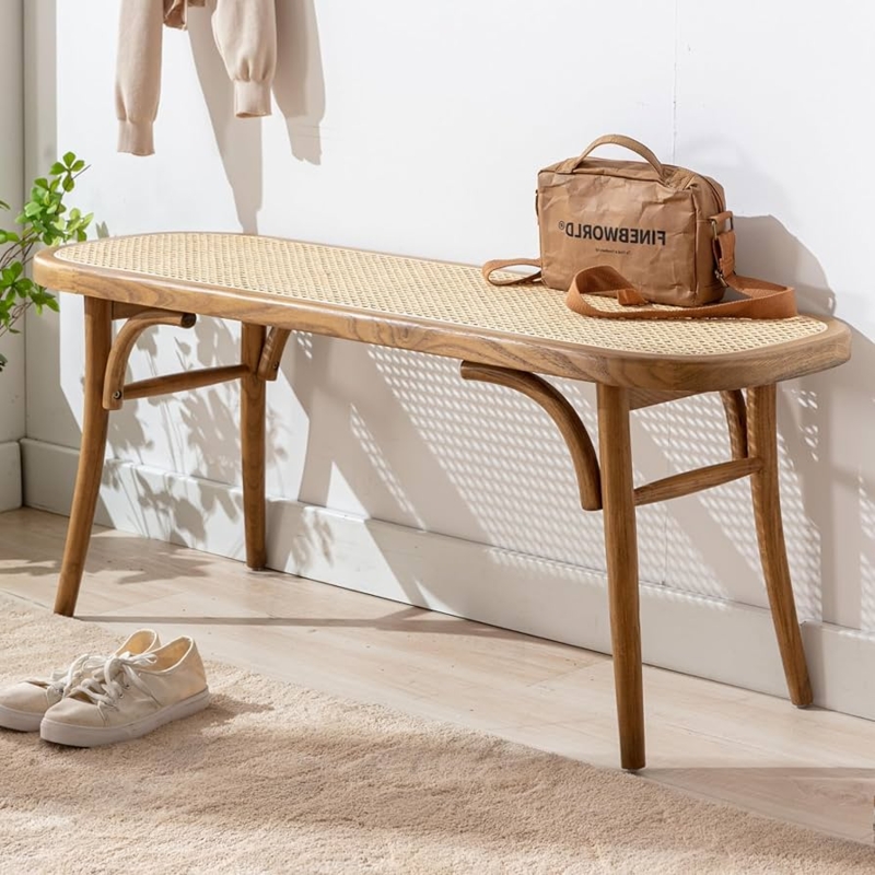 Wood Entryway Bench with Curved Leg Braces and Woven Cane Seat