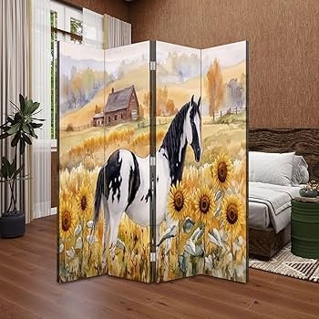 - Wood Screen Room Divider Serene Country Scene Horse Farmhouse  Folding Screen Canvas Privacy Partition Panels Dual-Sided Wall Divider  Indoor Display Shelves 4 Panels