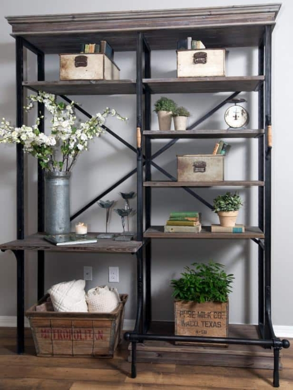Wood Toned Bookcase with Horizontal Plank Backing; Rustic Decor.
