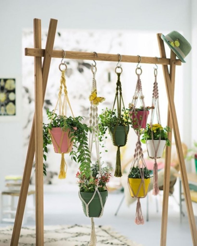 Wooden A-Frame Room Divider with Macrame Planters, Boho Partition
