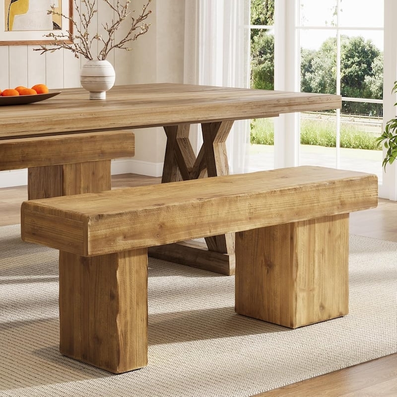 Wooden Bench Geometric Legs Thick Slab Seat Rustic Modern