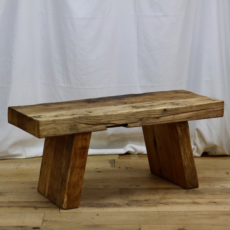 Wooden Bench Solid Block Legs Distressed Finish Rustic Reclaimed Wood