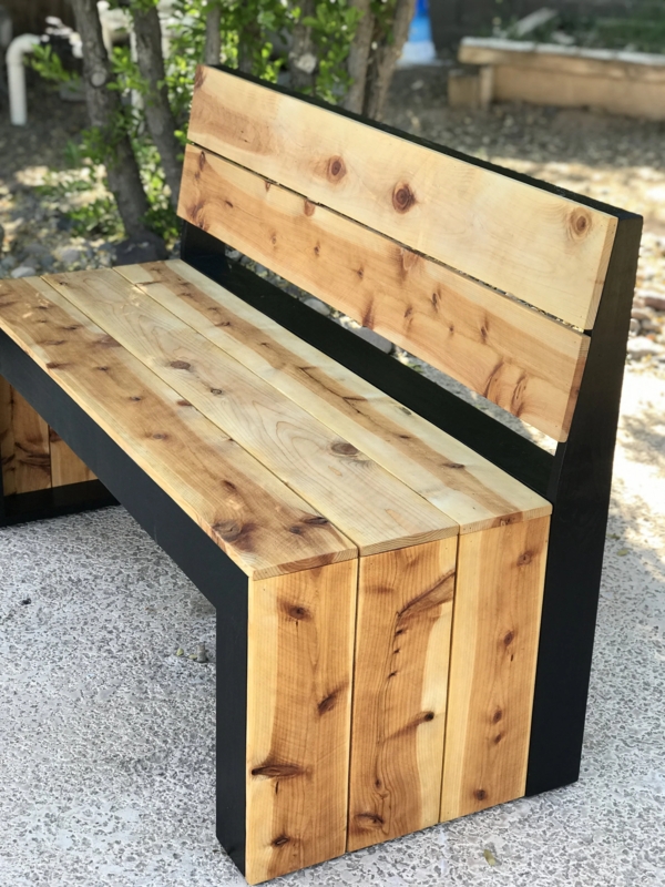 Wooden Bench with Slat Backrest and Angular Leg Construction