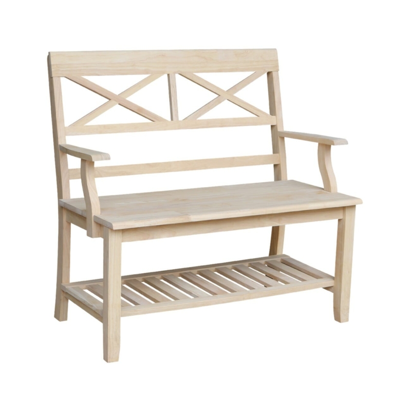 Wooden Bench with Unfinished Surface and Farmhouse Double X-Back
