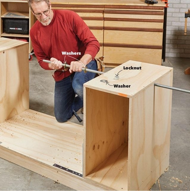 Workbench DIY Flip-Top Plans with Threaded Rod Assembly and Open Shelf