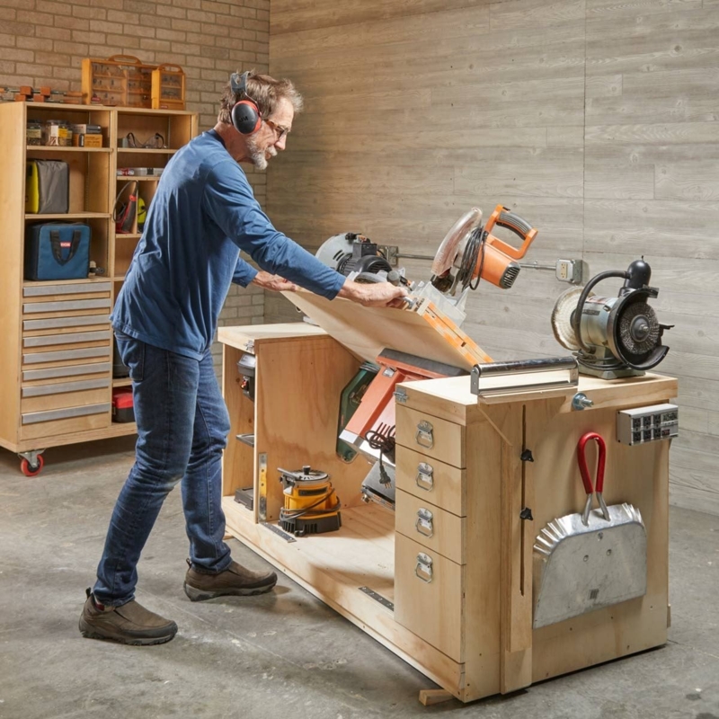 Workbench Plywood Integrated Power Tool Station with Drawers