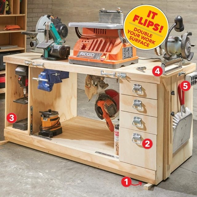 Workbench Plywood with Storage Drawers and Side-Mounted Power Strip