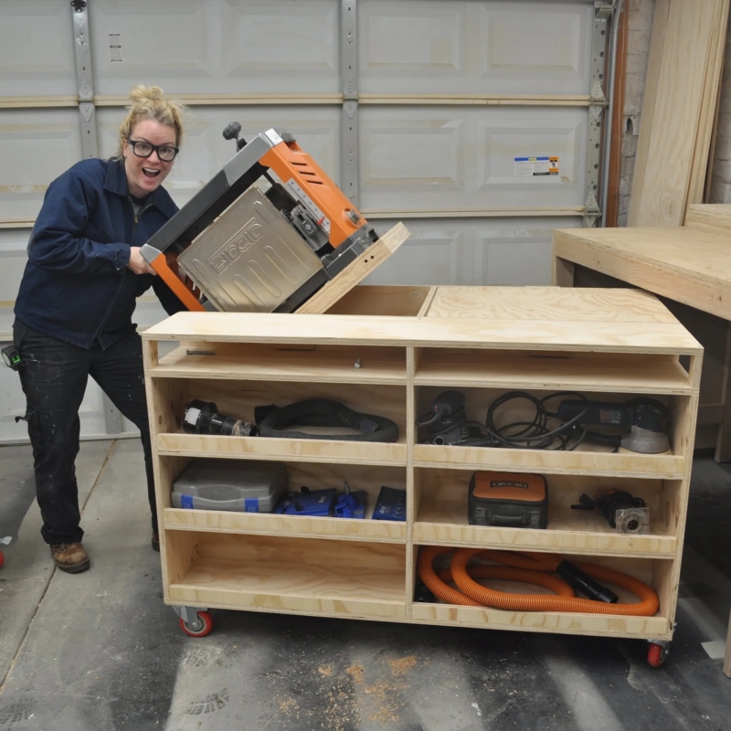 Workbench Rolling Plywood Work Table with Open Shelving and Casters