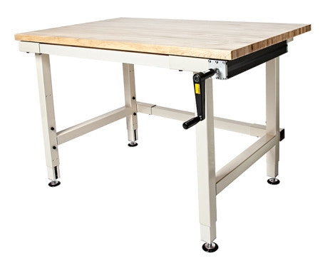 Workbench with Hand Crank adjustable height, H-Frame Base, Cream finish.