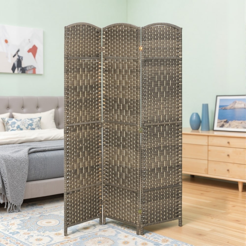 Woven 3-Panel Privacy Screen Basket Weave Texture Arched Top Taupe Grey