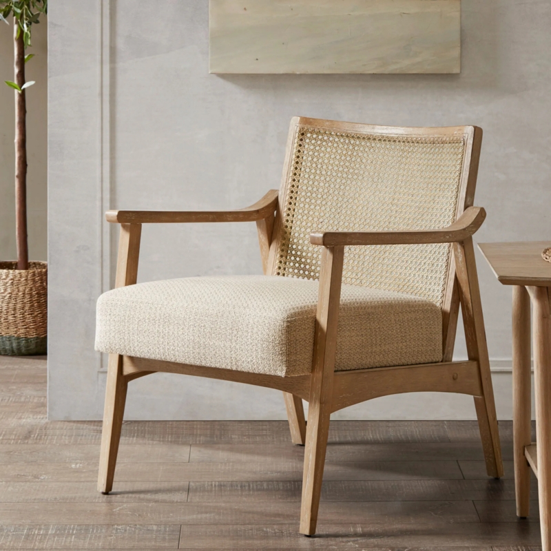 Woven Cane Back Accent Chair with Warm Honey Wood Frame