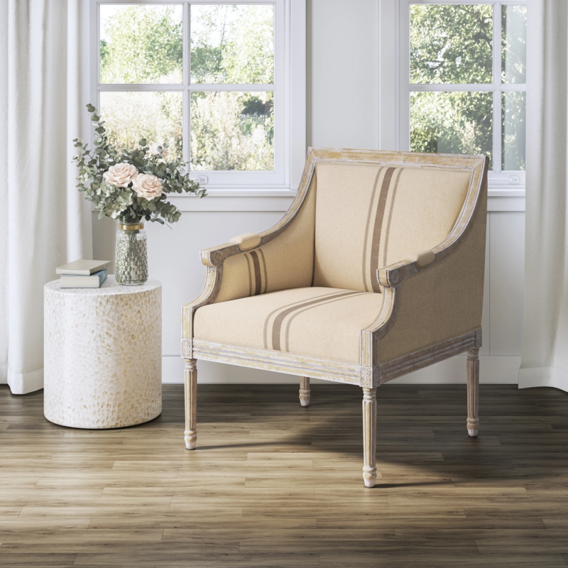 Woven Cane Side Panel Accent Chair with Tan Upholstery