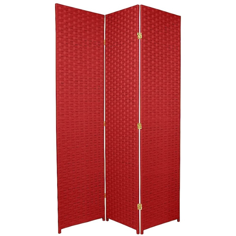 Woven Cherry Red Room Divider, 3-Panel Folding Basketweave Screen