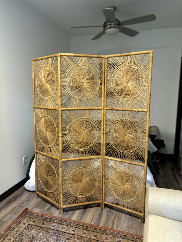 Woven Rattan Room Divider with Radiating Sunburst Motif