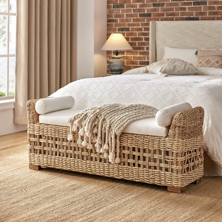 Woven Rattan Storage Bench with Upholstered Seat and Bolster Armrests