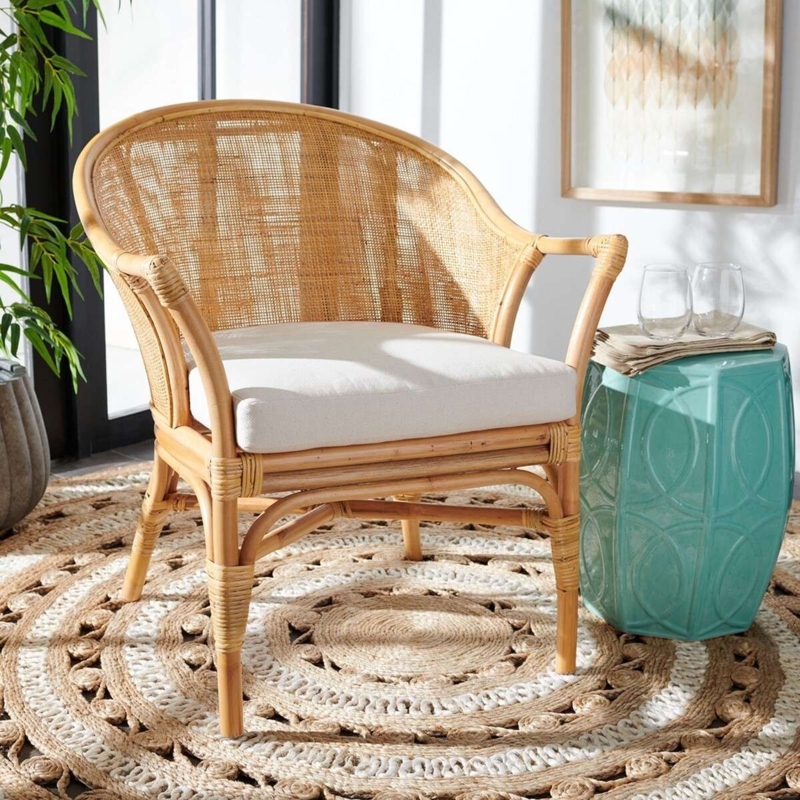 Woven Rattan Wingback Accent Chair with White Cushion