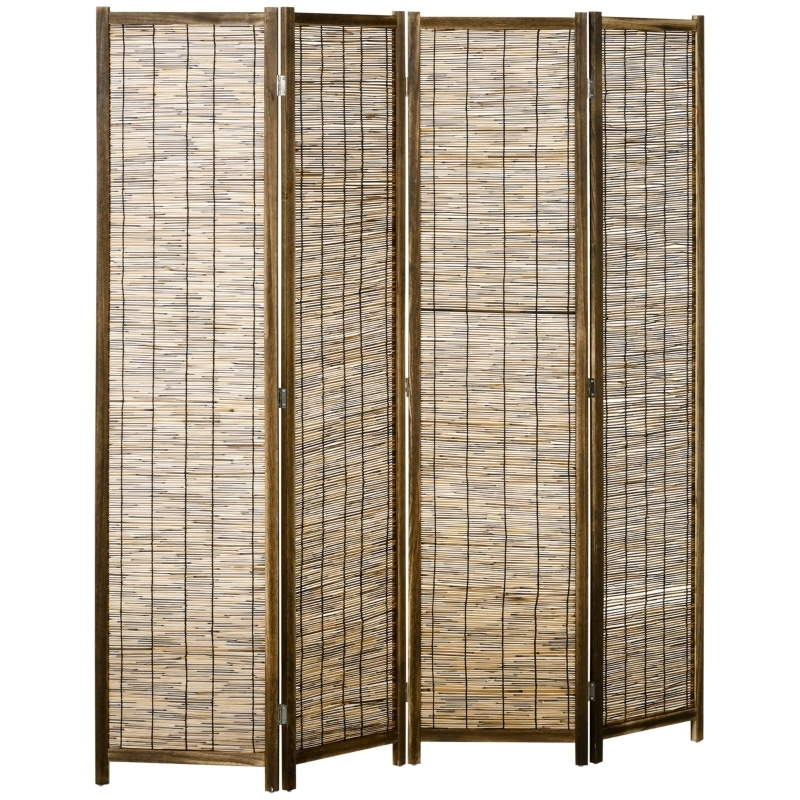 Woven Reed Privacy Screen with Rustic Four Panel Folding Frame