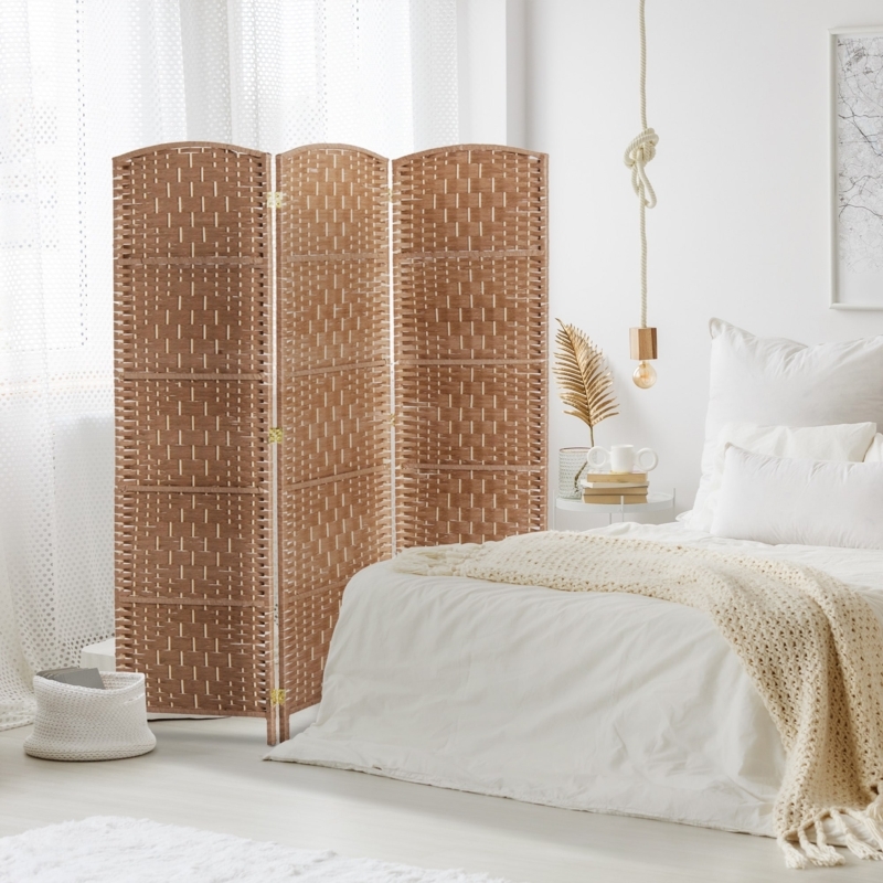 Woven Room Divider Basketweave Texture Arched Top Natural Fiber