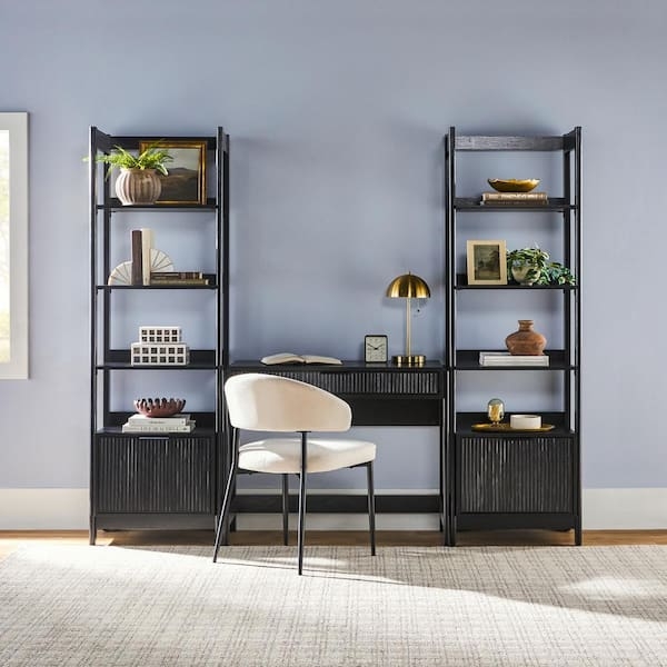 Writing Desk Set Matte Black Reeded Drawer 3-Piece Transitional