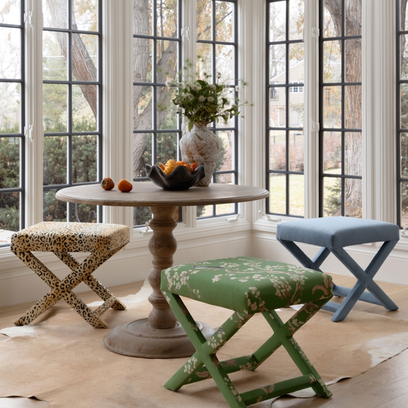 X Bench Fully Upholstered in Off-White Linen with Woven Texture