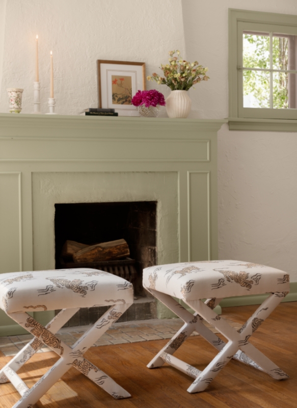 X-Bench with Forest Green Botanical Print, Fully Upholstered