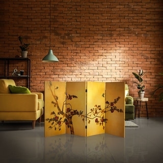 Yellow Canvas Room Divider Plum Tree Illustration 3 Ft Tall Screen